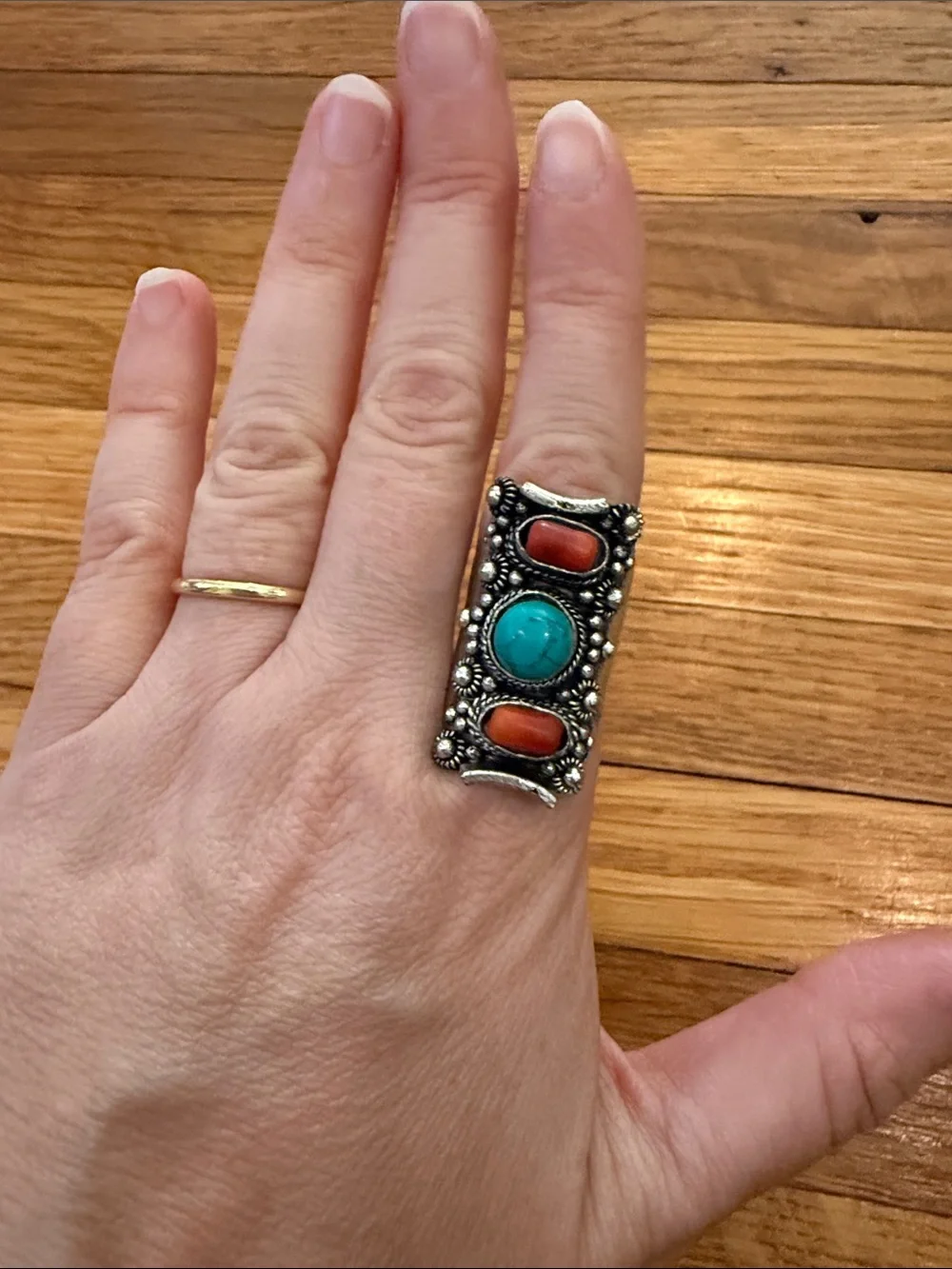 Turquoise and Coral Style Statement Silver Ring - Picture 1 of 6